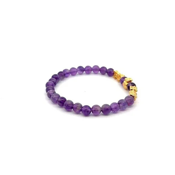 18K Gold Pixiu Piyao Money Bag Charm Bracelet Birthstones Gemstone Amethyst 6mm - Picture 3 of 4